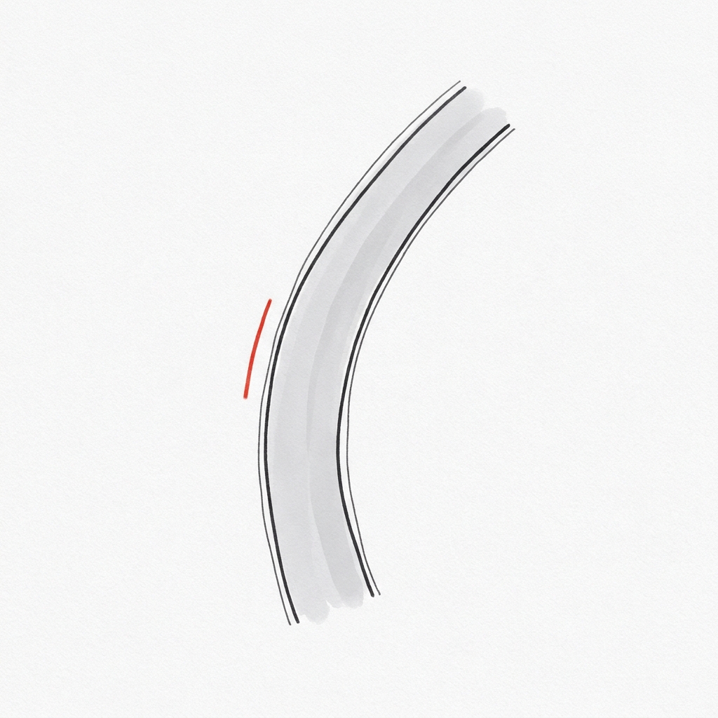 Pen-and-ink illustration of a single bend of empty country road seen from directly above, drawn in matte obsidian line work with a restrained aluminium grey wash on the road surface. One short vermillion line is drawn alongside the outer edge of the bend as a small mark of attention.